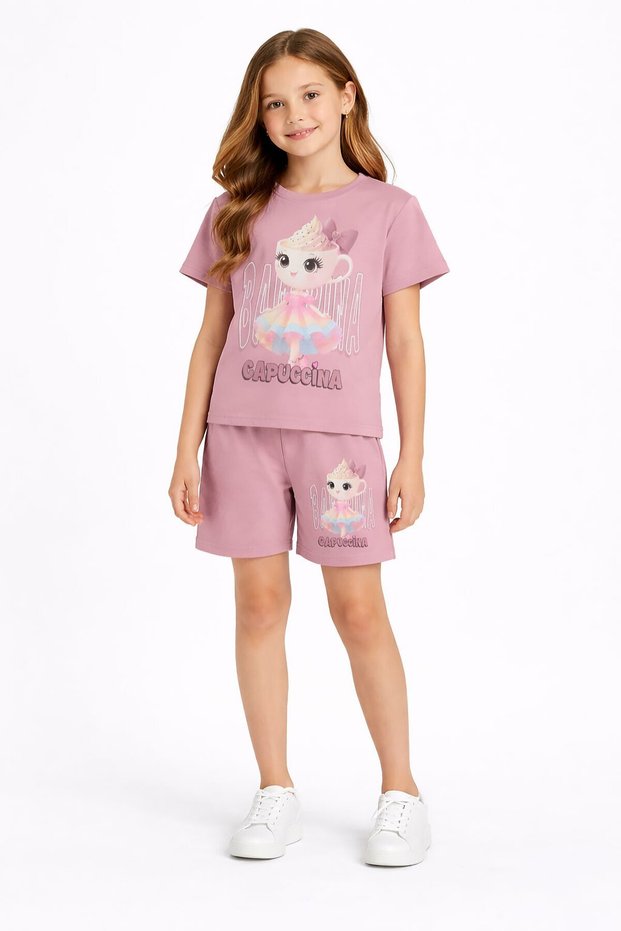 Dusty Rose Cute Capuccina Printed Girls' Shorts 2-Piece Set 23891