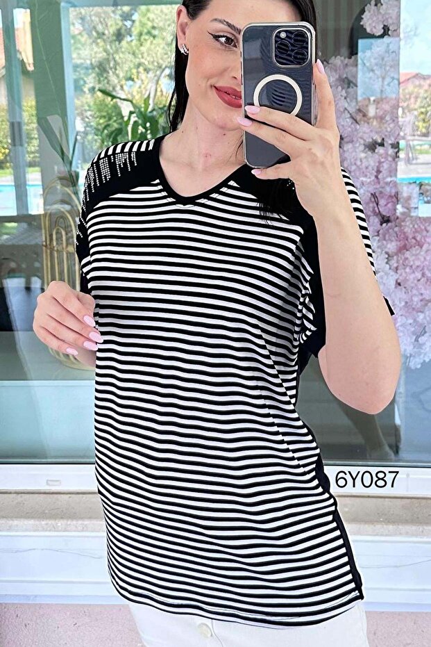 Stone Detail Striped Viscose Blouse 6Y087