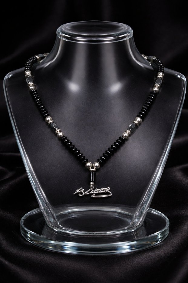 Men's Steel Necklace - Kemal Atatürk Signed Men's Steel Necklace with Hematite Stone