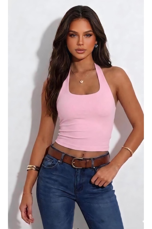 Halter Neck Basic Plain Stretchy Fabric Bluz - 1