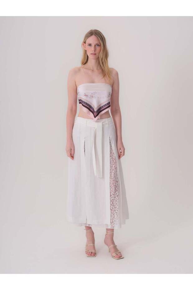 Slit and Lace White Linen Skirt