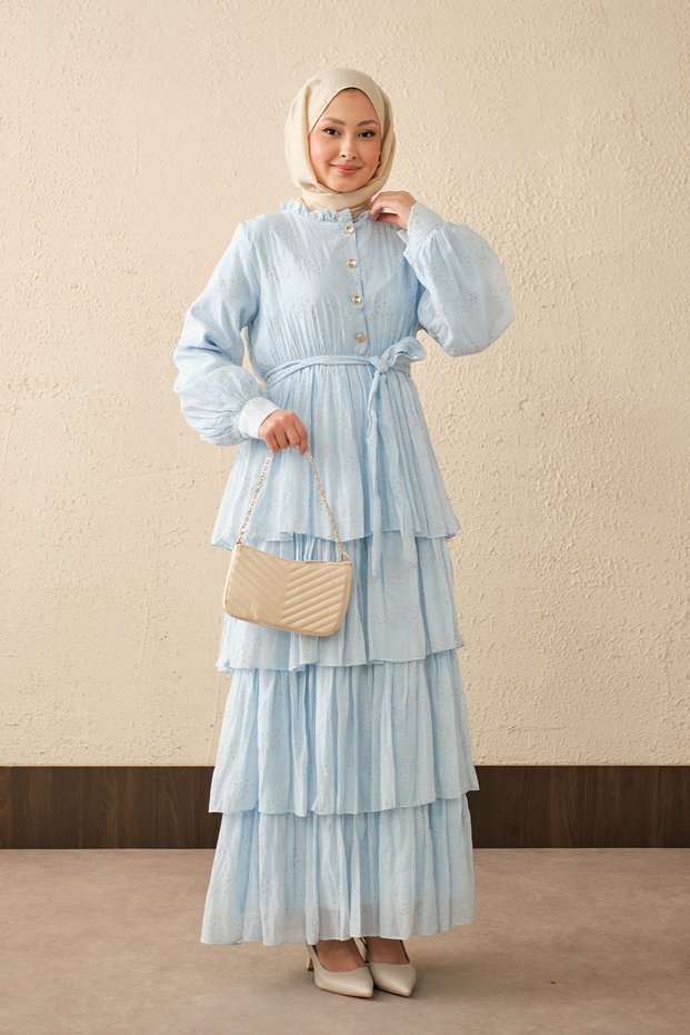 Women's Elastic Waist Gold Button Detailed Flounce Dress Blue