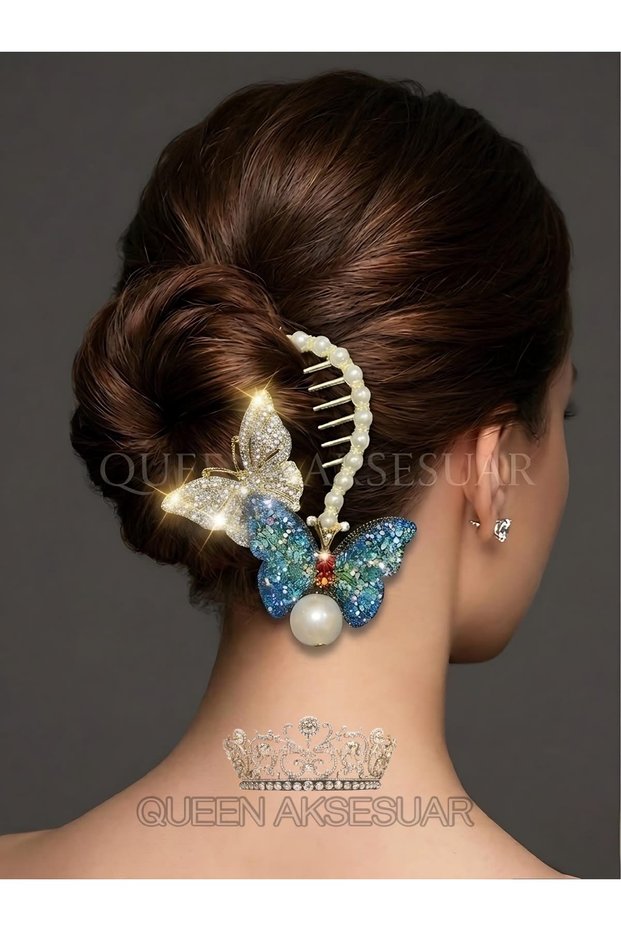Luxury Dangling Pearl Metal Comb with Crystal Stones Butterfly Fancy Bun Hairpin Hair Accessory Blue