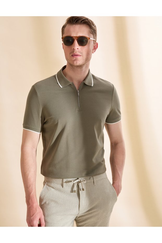 Khaki Slim Fit 100% Cotton Zippered Polo Collar T-Shirt 50327873-Vr027