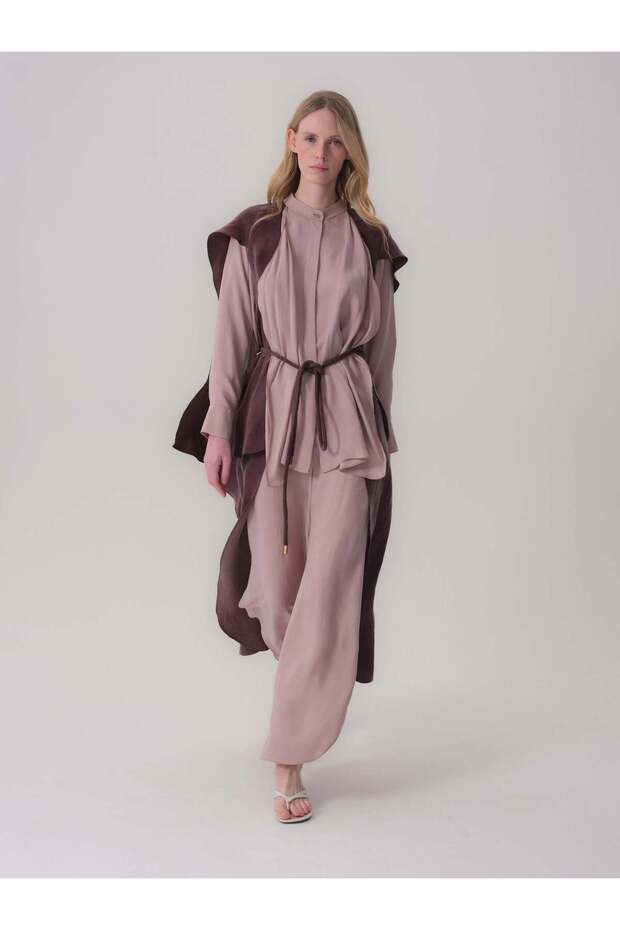 Two Color Blouse with Belt Detail