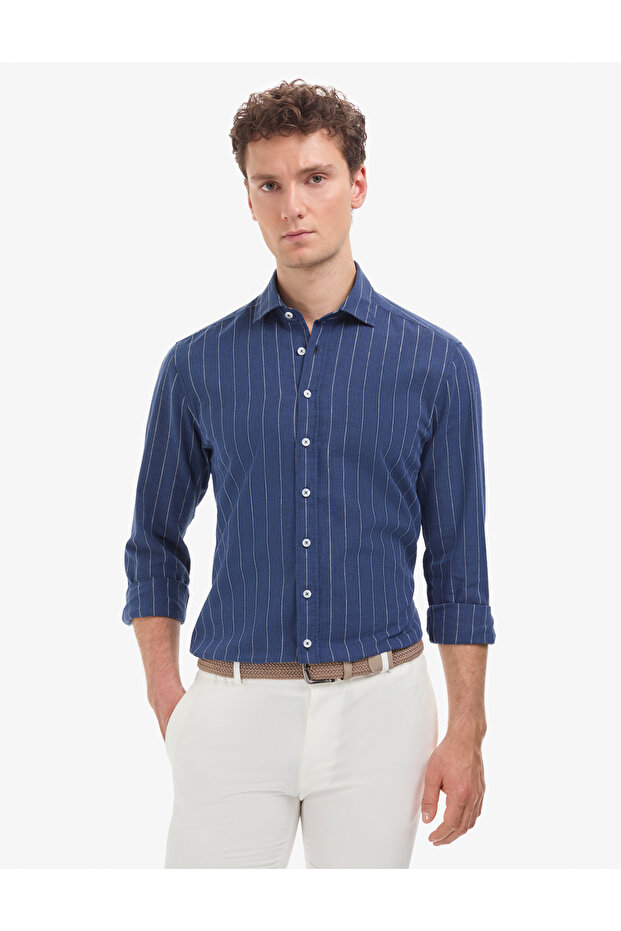 Navy Blue Linen Blend Regular Fit Striped Long Sleeve Shirt 50325330-Vr033
