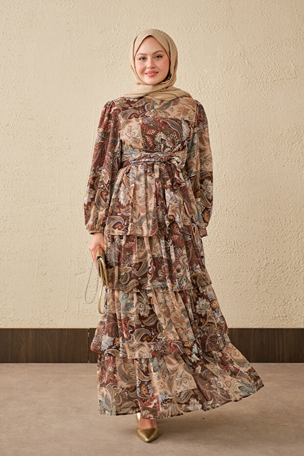 Women's Ethnic Patterned Waist Tie Dress Brown