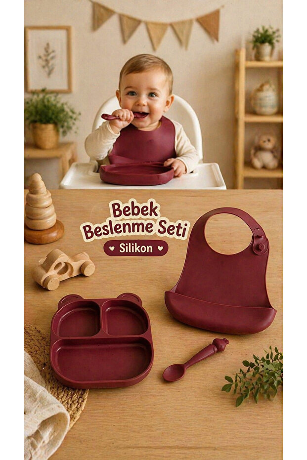 Baby Silicone Feeding Set Plate - Bib - Spoon - 3 Pieces