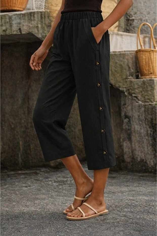 Women's High Waist Summer Trousers with Side Button Detail