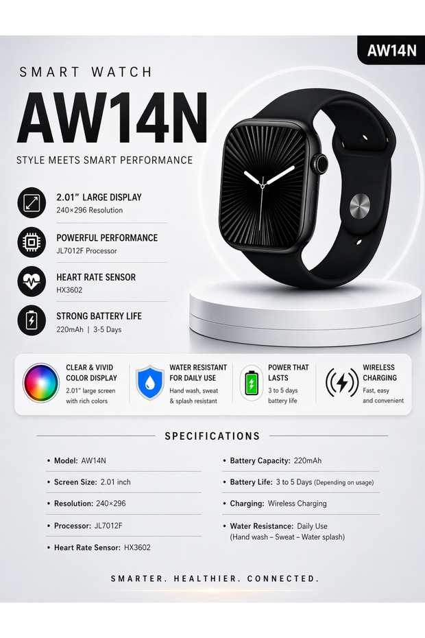 ساعة يد ذكية موديل AW14N سوداء اللون