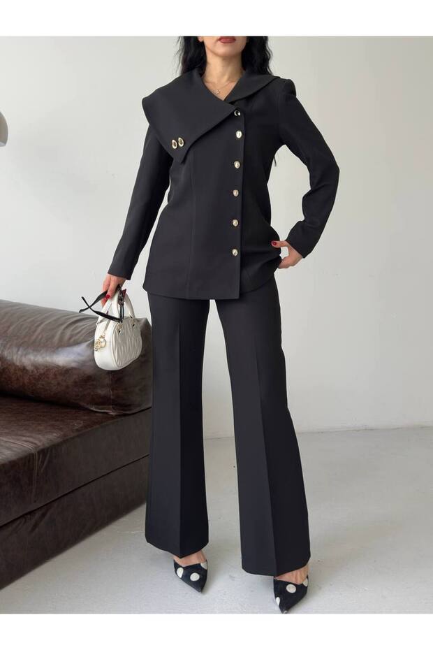 Kadın Blazer Pantolon Takım Siyah Asimetrik Yaka - 5