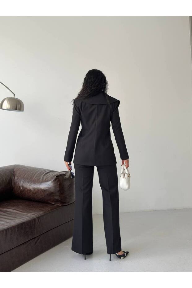 Kadın Blazer Pantolon Takım Siyah Asimetrik Yaka - 8