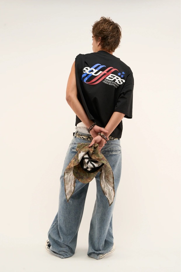 -Erkek Oversize Basic Scuffers Flag Print T-Shirt – 100% Cotton