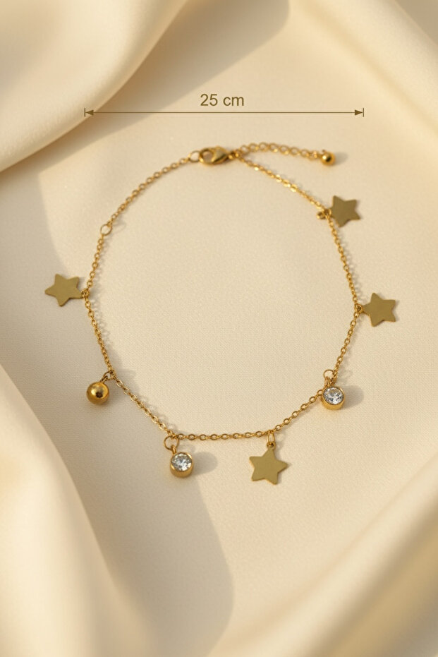 Women's Gold Steel Star and Zircon Stone Detailed Dangle Anklet - Non-Tarnishable, Rust-Proof