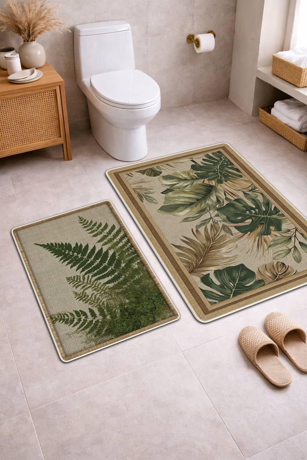2-Piece Bathroom Mat Set - Botanical Leaf Patterned Earth Tones Non-Slip Base 40X60 and 60X100