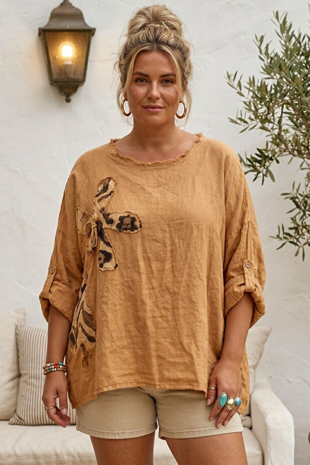 Italian Camel Pool Collar 3/4 Sleeve Washed Appliqué Casual 100% Linen Oversize Woven Blouse 80 74