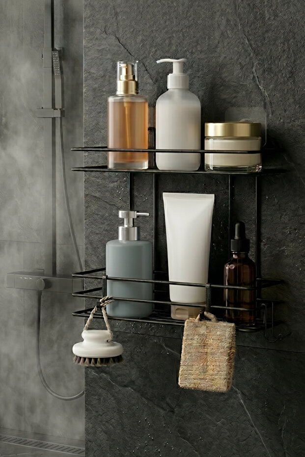 Luxury Thermoplastic Coated Black 2-Tier Shampoo Holder Bathroom Shelf Adhesive Wall Hanger