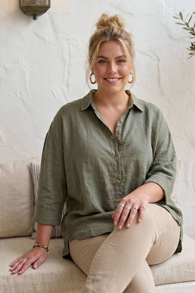 Khaki Shirt Collar 3/4 Sleeve Buttoned Casual Linen Look Oversize Woven Shirt 75 72