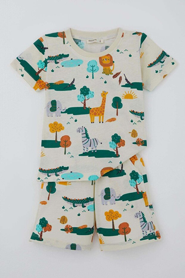 Boy's Shorts Pajama Set Safari Themed Cute Animals Patterned 1.5-5 Years Old, Yellow