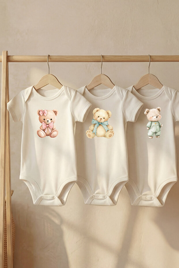 Cotton Set of 3 Cute Teddy Bear Printed Short Sleeve Snap Fastener Baby Bodysuit