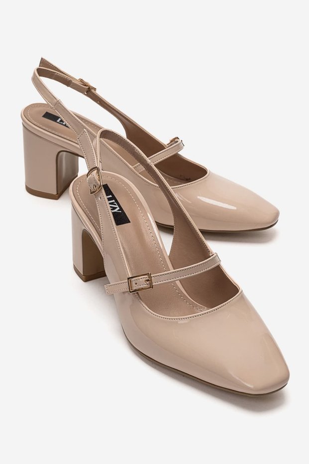 Women's Beige Patent Leather 6 cm Thick Heeled Ankle Strap Classic Stylish Shoes