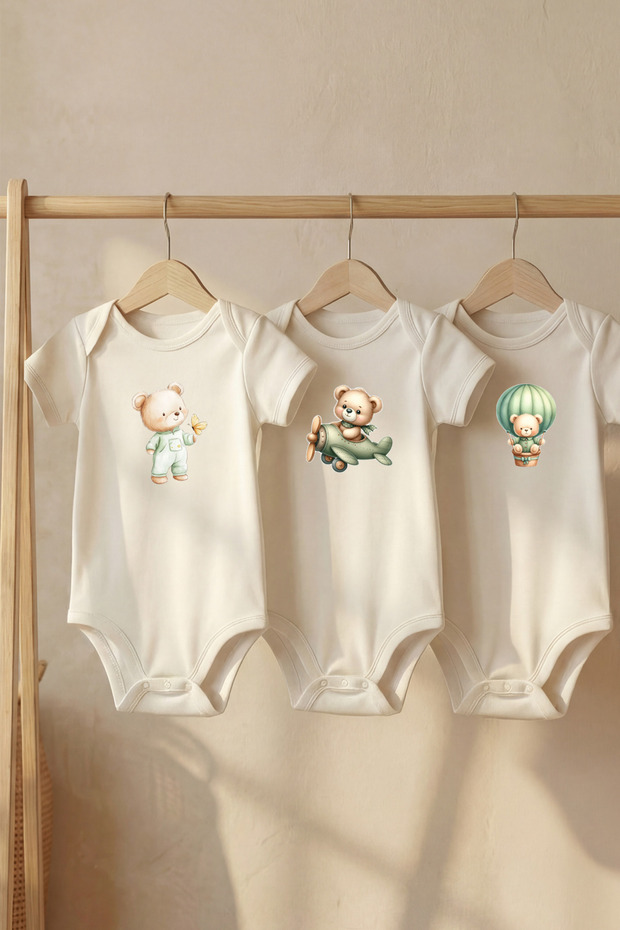 Cotton Set of 3 Little Explorers Printed Short Sleeve Snap Fastener Baby Bodysuit