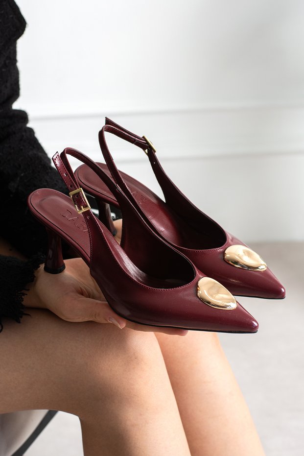 Mealis Women's Burgundy Wrinkled Patent Leather Pointed Toe Ankle Strap 7 cm Heeled Slingback Shoes with Gold Accessories