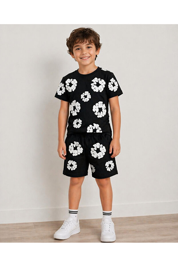 Unisex Embossed Printed Lycra Combed Cotton Shorts Set I 3-9 Years I Printed Detailed Lycra Combed Cotton Summer Set