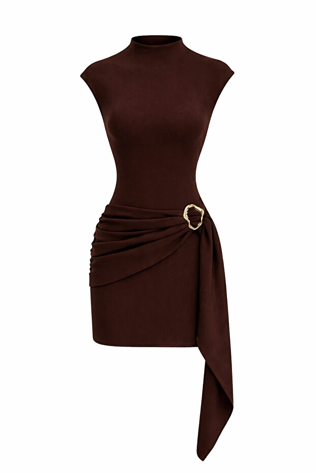 High Collar, Buckle Detailed and Belted Slim Fit Dress - Brown - Sevde Ugur