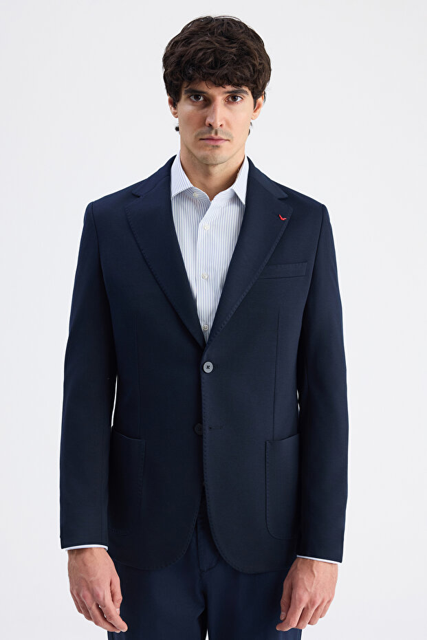 Ds Damat Regular Fit Navy Blue Dobby Fabric Jacket