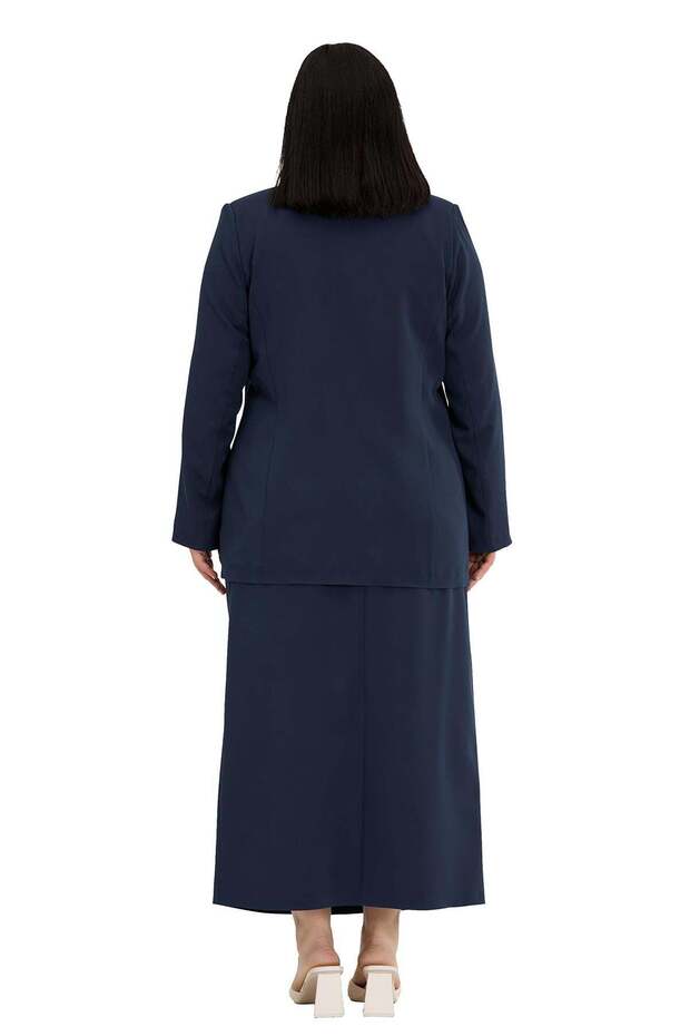 Plus Size Single Button Jacket Skirt Navy Blue Two-Piece Set - 3