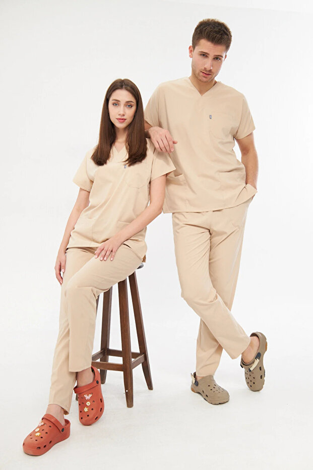 Beige Lycra Unisex Bat Sleeve Nurse and Doctor Uniform Scrubs Set