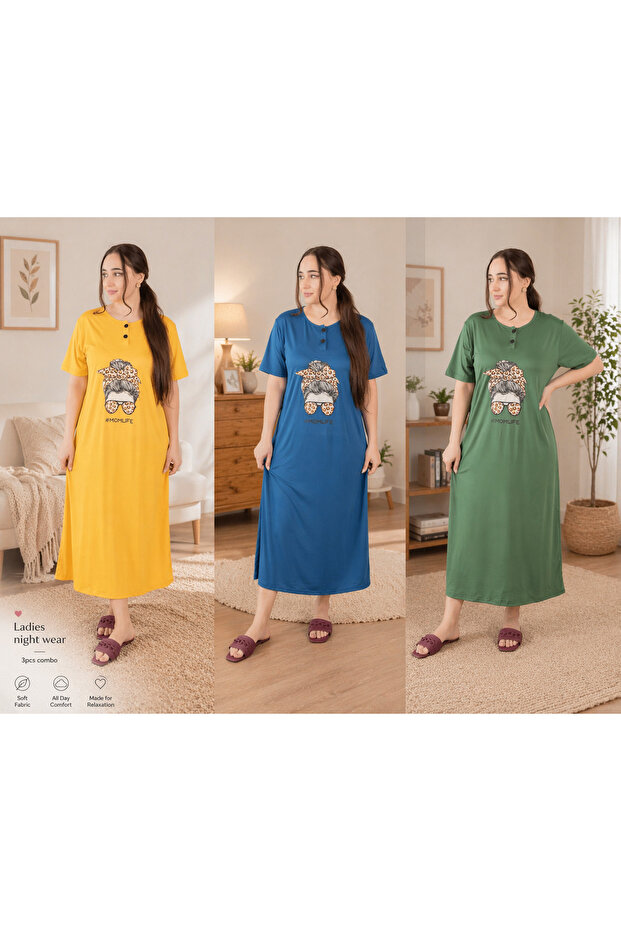 Printed Nightwear Maxi Dress 3 Pcs Combo Set, Blue, Yellow and Green