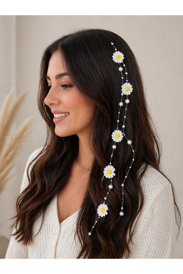White Daisy Children's Pearl Snap Tinsel Hair Bead with Flower Detail - Stylish Hair Accessory