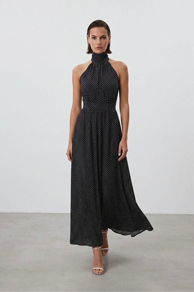 Polka Dot Halter Neck Backless Maxi Dress Av1585