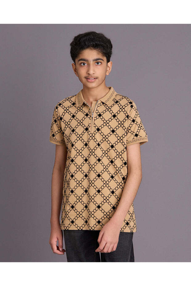 Senior Boys Beige Printed Polo Shirt