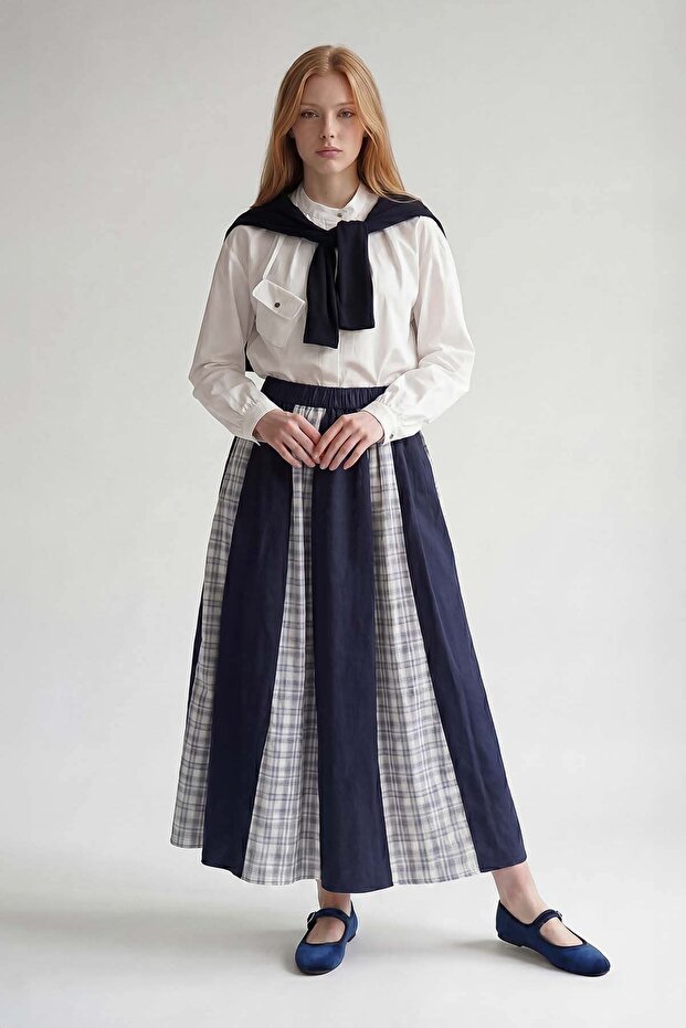 Blue Plaid Detailed Waist Gathered Skirt