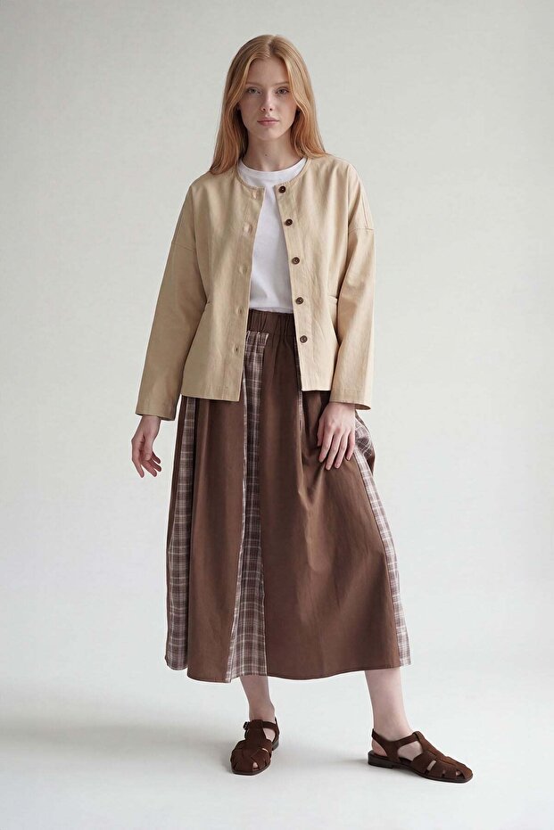 Coffee plaid detailed waist ruched skirt