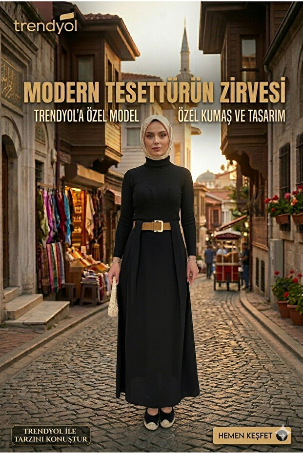Tesettür Skirt - Pleated with Belt / Textured Fabric Maxi Length Skirt