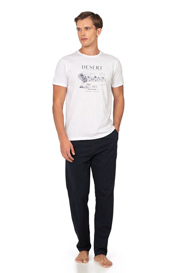 100% Cotton Printed Combed Cotton Men's Pajama Set, Crew Neck, Pocket Detail