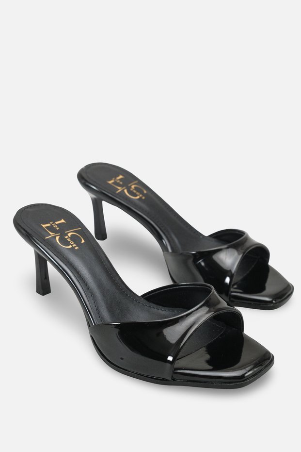 Gamze Black Patent Leather Daily Short Heeled Slippers A025-K1453