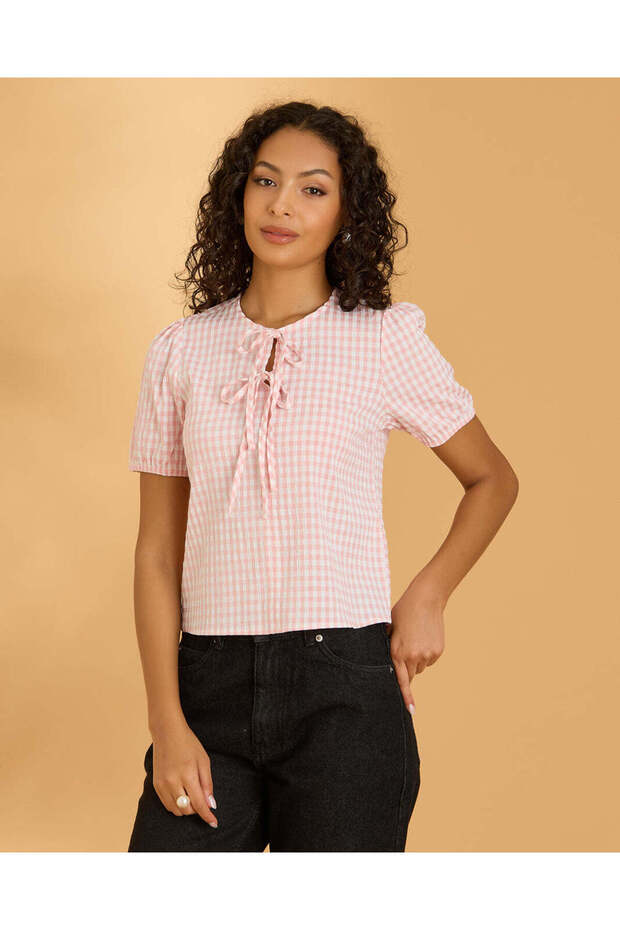 Women Pink Gingham Front Tie Blouse