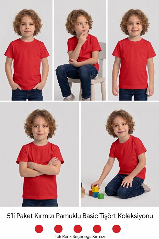 Children's T-Shirt 5-Pack Red Cotton Lycra T-Shirt