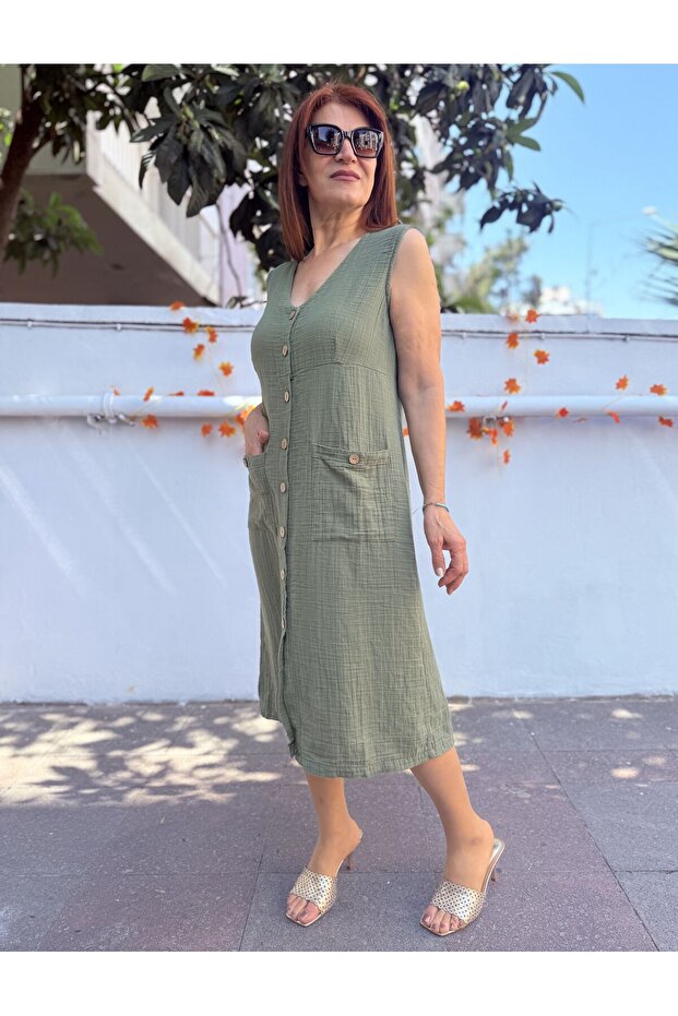 Muslin Sleeveless Double Pocket Dress Khaki