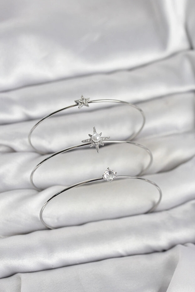 Silver Color Pole Star Model Zircon Stone 3-Piece Women's Bracelet Combination
