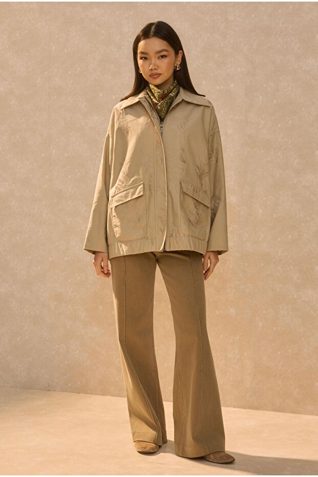 Embroidered Bomber Jacket Sand Beige - 2