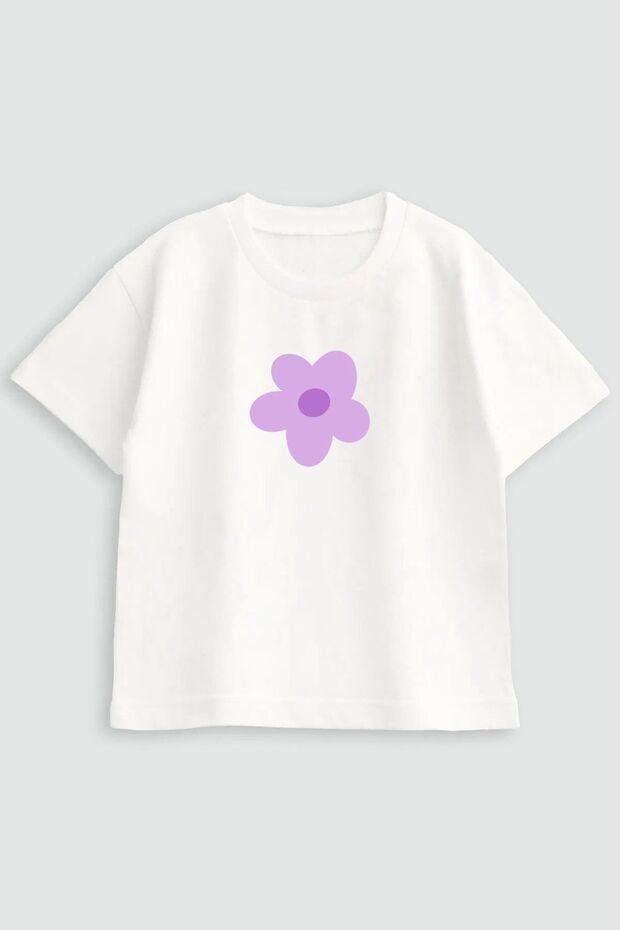 Girl's White T-Shirt with Lilac Flower Print Cotton Summer T-Shirt (Ages 5-12)
