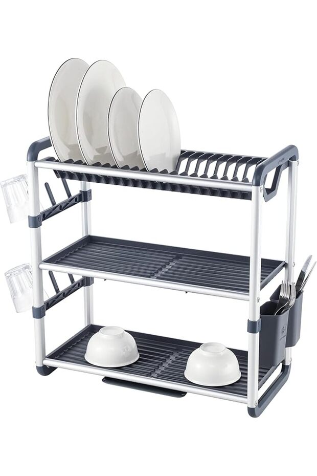 Life Smile 3 Tier Dish Drying Rack with Drainer, Cutlery and Cup Holder 60.9cmX26.7cmX57.7cm