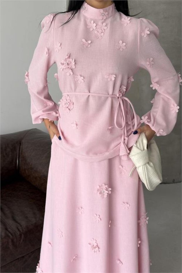 Women's Pink Linen Fabric Floral Applique High Neck Skirt Suit Nbms2629
