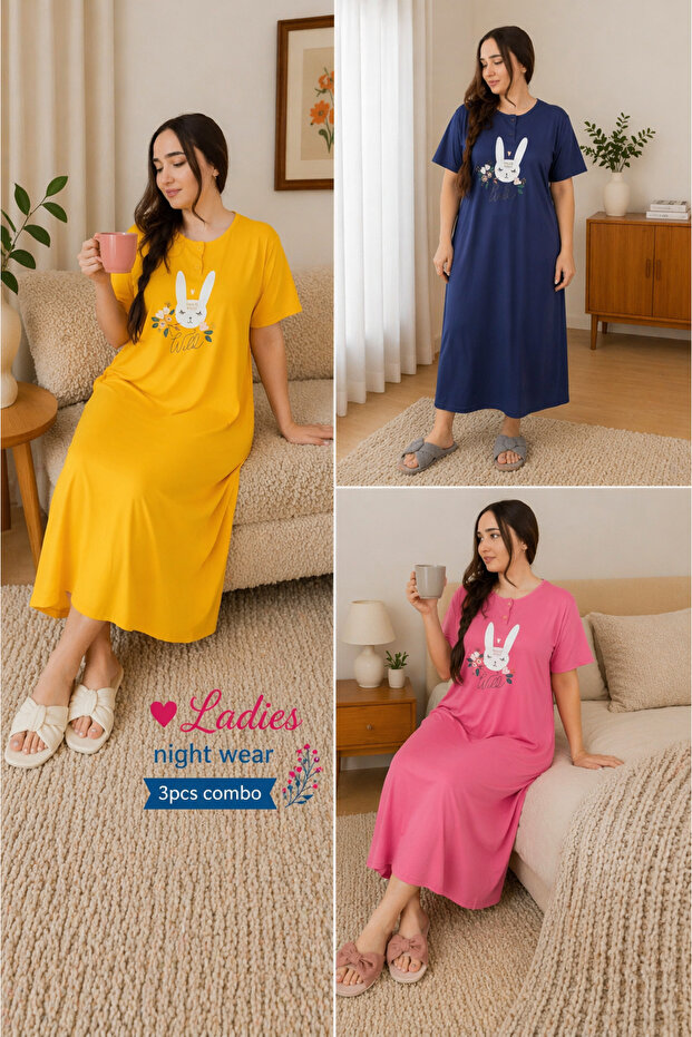 Graphic Print Nightwear Maxi Dress 3 Pcs Combo Set, Blue, Pink, Yellow